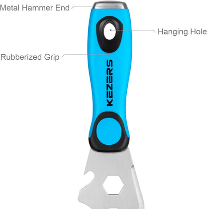 KEZERS 13-In-1 Painter’s Tool, 3" Stainless Steel Putty Knife Scraper, Paint Scraper Tool for Painting & Wood with Metal Hammer End, Multi-Use Drywall Paint Stripper Tool for Scraping Paint & Caulk