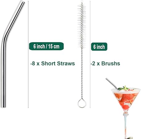 8 Pack 6 Inch Short Bent Metal Cocktails Straws, Reusable Stainless Steel Smoothie Drinking Straws with Cleaning Brush for Coffee Mugs, Small Glasses or Cups