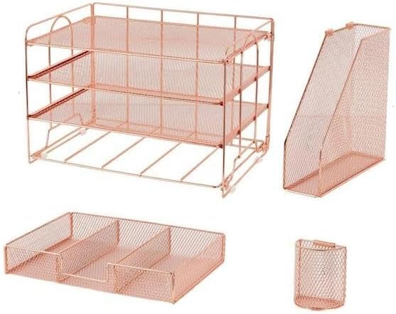 for Paper Letter Tray Organizer with File Holder, 4-Tier Desk Accessories  Workspace Desk Organizers with Drawer, Rose Gold