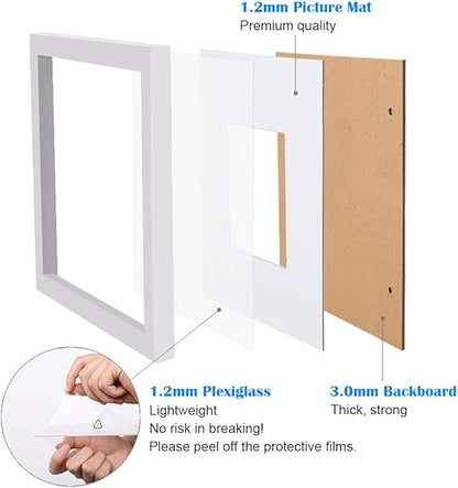Egofine 11x14 Picture Frame White - Photo Frame Made of Solid Wood Covered by Plexiglass for Table Top Display Pictures 5x7/8x10 with Mat or 11x14 Without Mat - with Wall Mounting Hardware