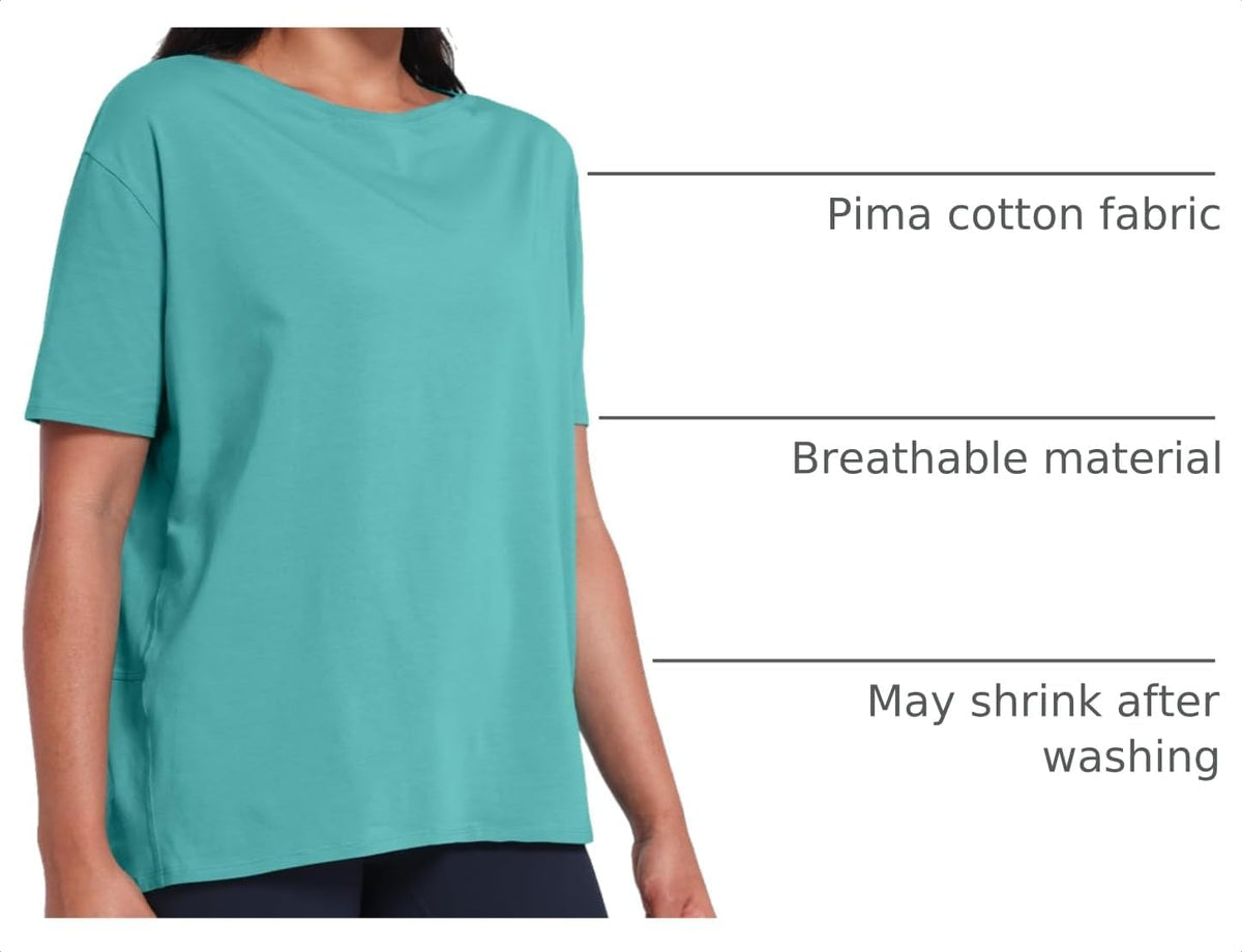 HeyNuts Women's Pima Cotton Short Sleeve Workou Shirt Boat Neck Loose Fit T-Shirts Athletic Tops Casual Shirts