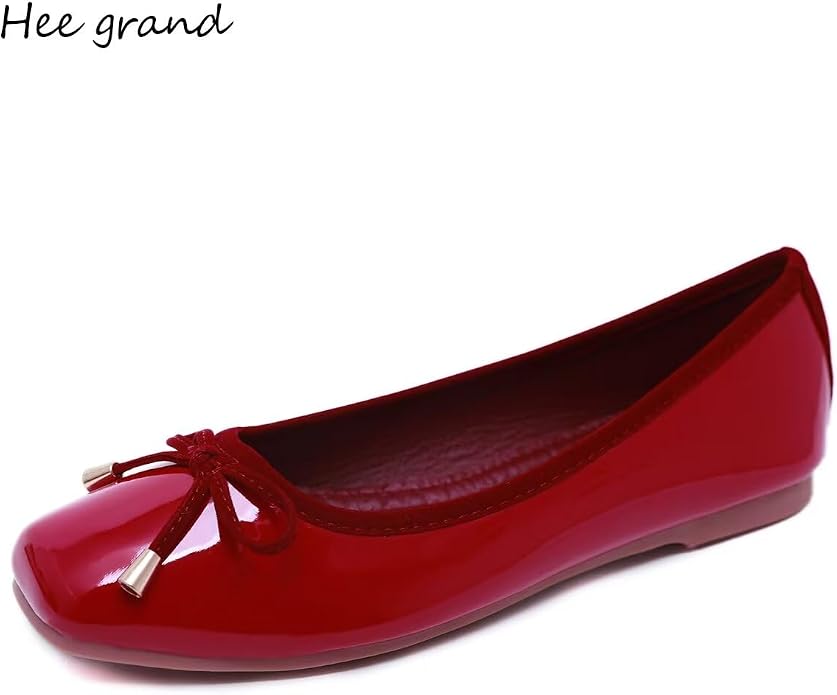 Hee grand Bow Flats for Women Square Toe Slip On Ballet Flats Patent Leather Dress Shoes Comfortable Work Shoes Casual Women Flats