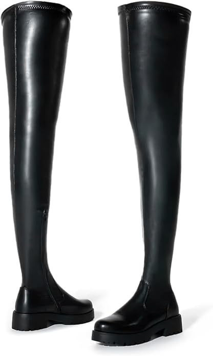Black Thigh High Boots for Women - Trendy Over the Knee High Boots with Inner Zipper Long Calf Fashion Skinny Punk Boot Knight Style for Party Prom