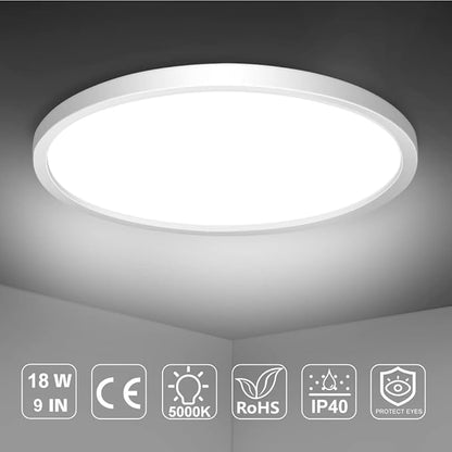 9 inch LED Flush Mount Ceiling Light Fixture, 5000K Daylight White 18W Flat Modern Ceiling Lighting, 1800LM Ceiling Lamp for Bathroom Porch, Kitchen, Bedroom, Living Room, Hallway