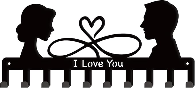 SUPERDANT I Love You Key Holder Couple's Silhouette Metal Key Organizer Decorative 10 Hook Key Hanger Rack Wall Mounted Entryway Key Belt Umbrella Hooks Personalized Key Hanger for Wall Door