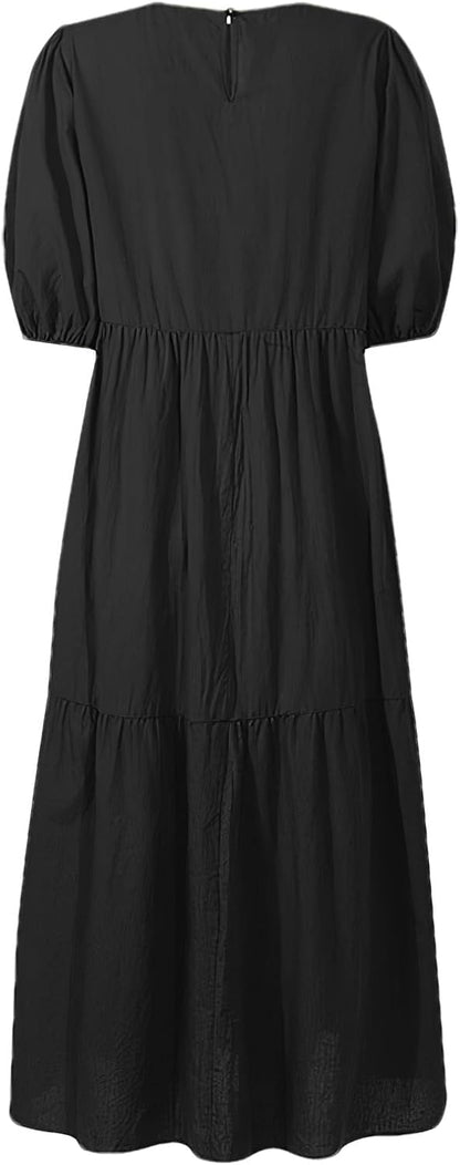Momuk Women's Maxi Dresses Summer Casual Crewneck Short Sleeve Sundress Elegant Classy Beach Vacation Ladies Dresses