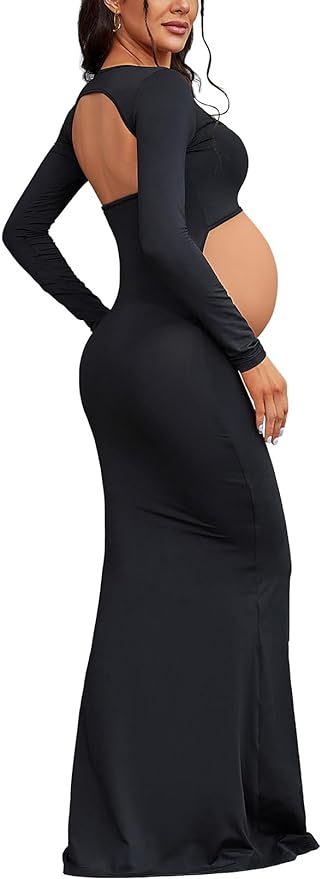 Bhome Maternity Photoshoot Dress Long Sleeve Sexy Cut-Out Backless Maternity Maxi Gown Photography Outfits