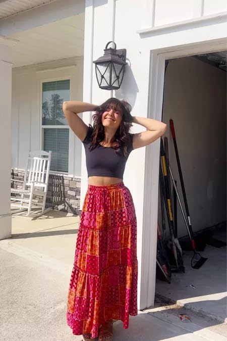 Happy Sailed Womens Floral Print Boho Maxi Skirt Elastic High Waist Pleated Ruffle Flowy Long Skirts S-XL