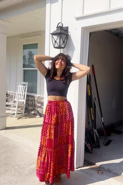 Happy Sailed Womens Floral Print Boho Maxi Skirt Elastic High Waist Pleated Ruffle Flowy Long Skirts S-XL