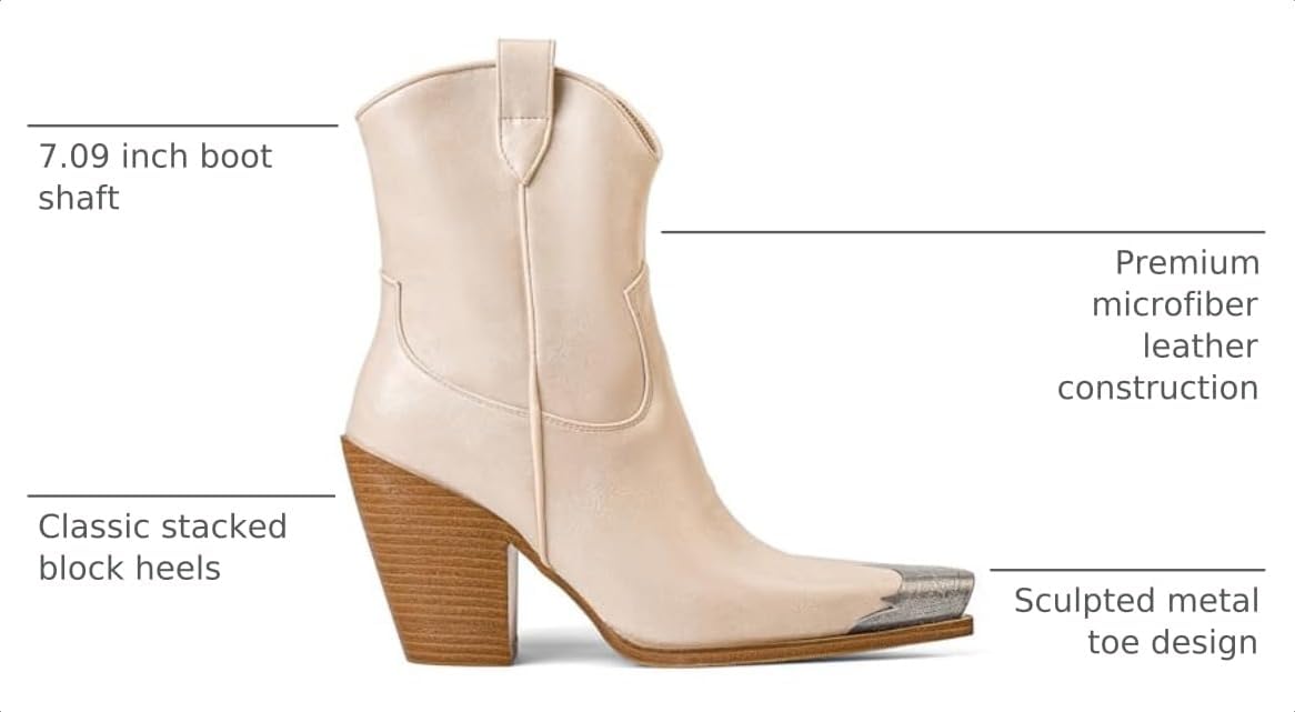 HoanTiai Cowboy Ankle Boots for Women Engraved Steel Toe Cowgirl Boots Stacked Block Heels Short Cowboy Boot Fashion Dressy Western Country Booties