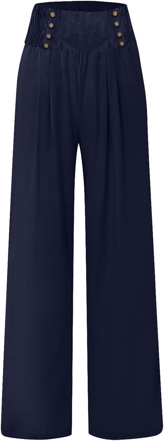 Womens Linen Palazzo Pants 2024 High Waisted Summer Casual Pants Button Decer Boho Flowy Pants Vacation Beach Outfits