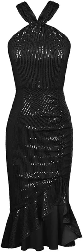 Grace karin Women Dress Sexy Shiny Sequined Party Cross Halterneck Ruched Front Slit Bodycon Dress Cocktail Dresses