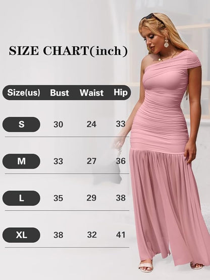 LAGSHIAN Women's Elegant Formal Long Dress One Shoulder Sleeveless Ruched Bodycon Evening Dress