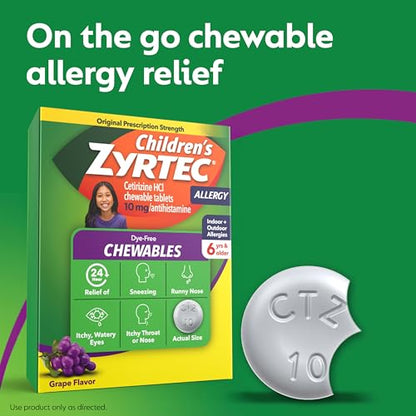 Zyrtec Children's Dye-Free Chewables for 24 Hour Allergy Relief, 10 mg Cetirizine Hydrochloride Antihistamine Tablets, Kids Allergy Medicine Relieves Sneezing & Itchy Throat, Grape, 24 ct
