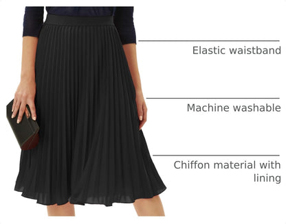 GRACE KARIN Pleated Midi Skirt for Women,Chiffon Elastic High Waist Knee Length Skirts,Swing Flare A-Line Outfits.