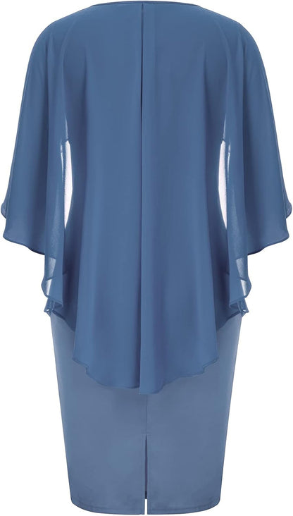 Size 22W In Red Wine Color, Hanna Nikole Women's Plus Size Chiffon Ruffle Flattering Cape Sleeve Bodycon Pencil Dress