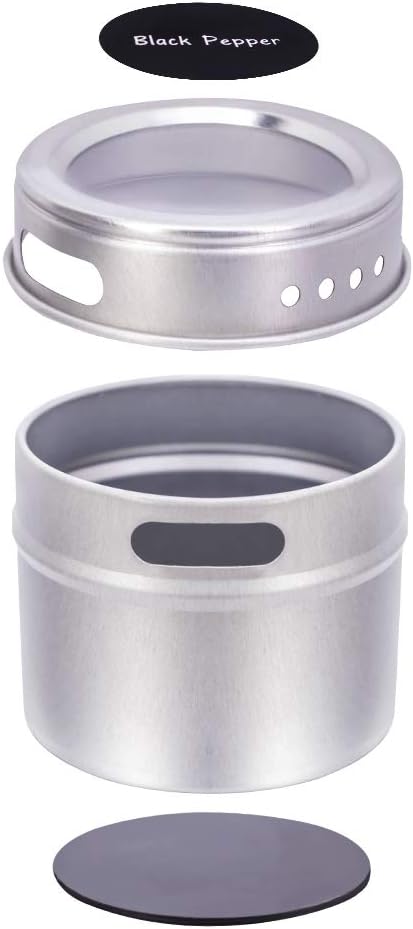 Magnetic Spice Tins  Labels, Storage Spice Containers, Window Top wSift-Pour (12 Jars 48 Pre-printed and 12 Blank Labels)