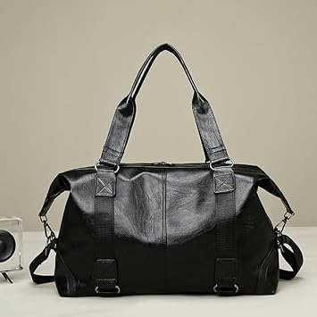 Travel Bag for Men PU Leather Shoulder Bag Stylish Handbag Gym Bag with Adjustable Shoulder Strap (Black)