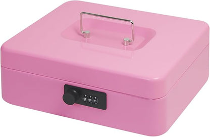 Secure Steel Cash Box with Combination Lock and Removable Tray – Metal Money Organizer for Home and Office Use (Pink - Large)