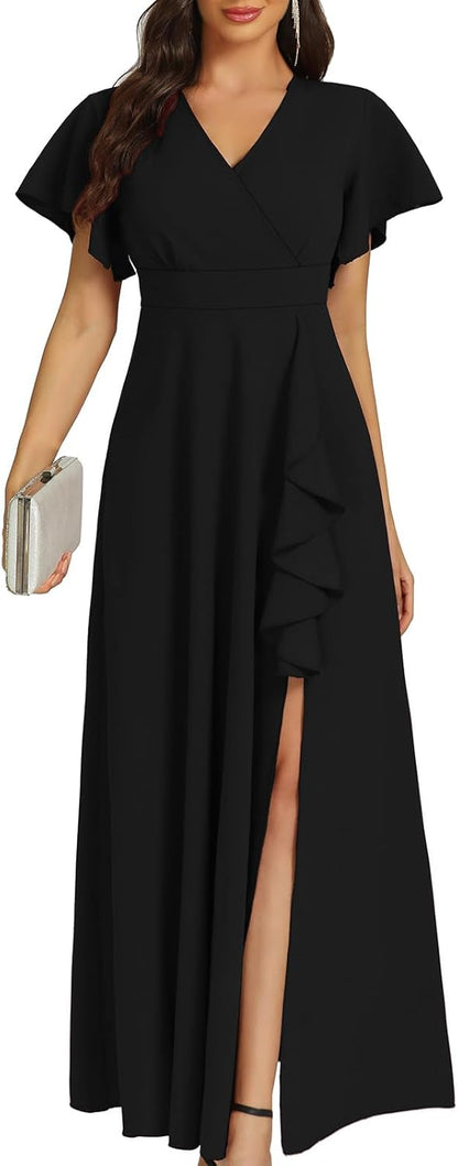 This COOAN dress features a flattering ruffle sleeve, split hem, and elegant V-neckline - perfect for cocktail parties, weddings, and formal events.