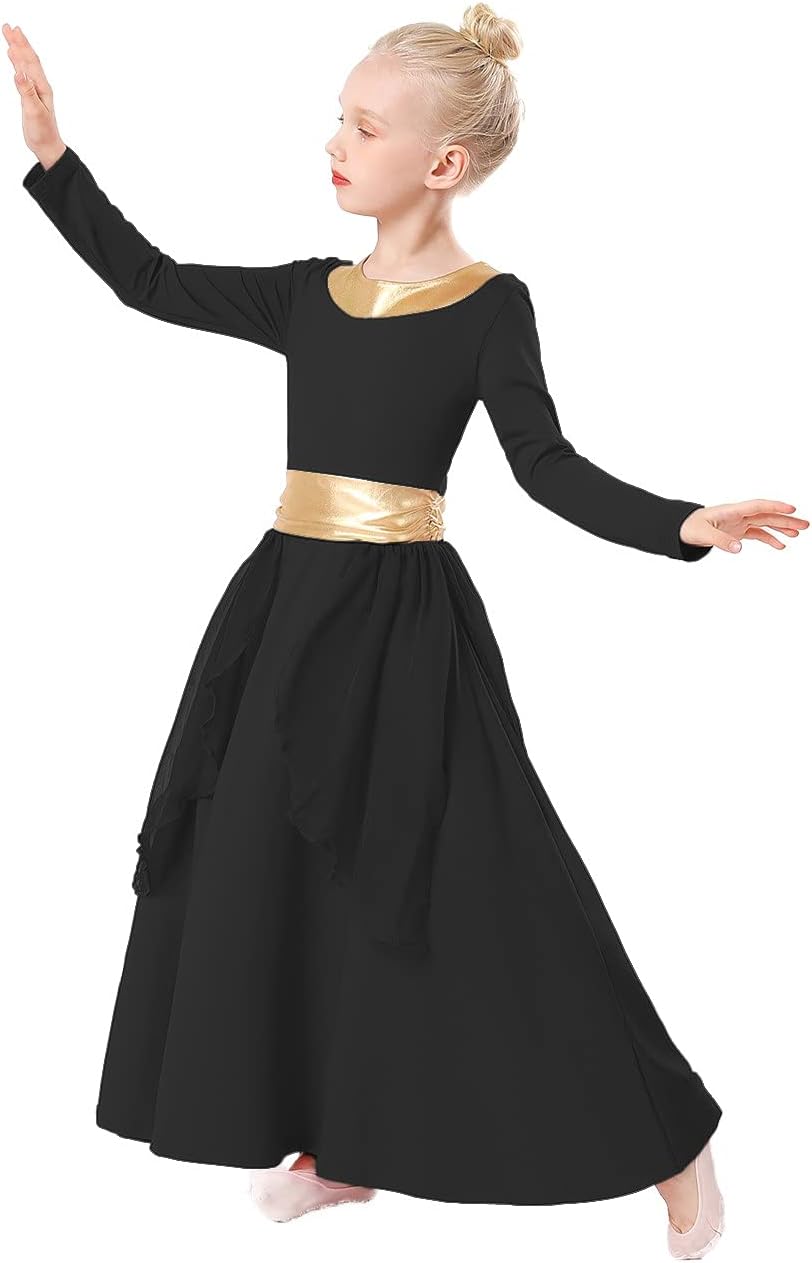 REXREII Kids Girls Praise Dance Robe Metallic Waistband Long Sleeve Liturgical Worship Dress Chiffon Skirt Lyrical Frock.