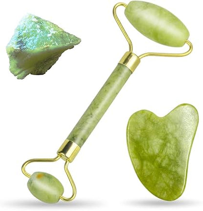 Gua Sha Facial Tools Set and Jade Roller for Face - 100 Real Natural Stone Beauty Massage Tool for Face, Eyes, Neck, Body - Anti-Aging Beauty Treatment