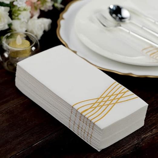 Tableclothsfactory 20 Pack | Gold Foil White Airlaid Soft Linen-Feel Paper Dinner Napkins, Disposable Hand Towels