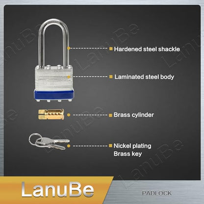 Lock Laminated keyed Padlock (1-9/16", 40mm), keyed Alike Locks, Long Shackle,Marked Blue Plastic Hoop, Pack of 2