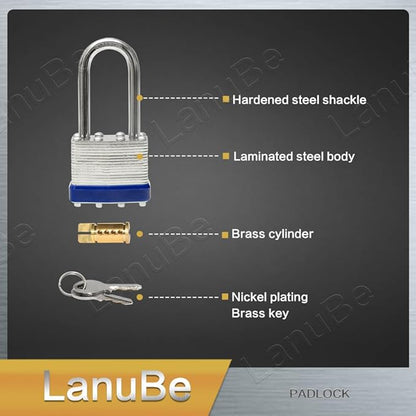 Laminated keyed Padlock (1-9/16", 40mm), keyed Alike Locks, Long Shackle,Marked Blue Plastic Hoop, Pack of 6...