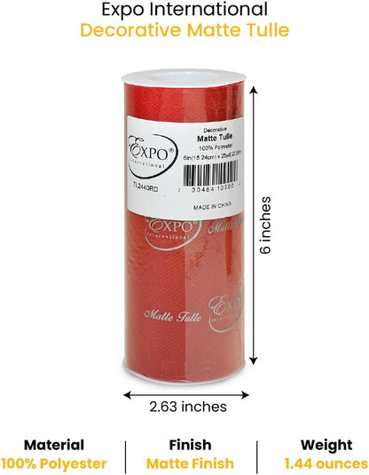 Expo International Decorative Matte Tulle, Lightweight Polyester Tulle Fabric for Tutus, Costumes, and Party Decorations, Washable, Easy-to-Use, 6 Inch x 25 Yards, Red, Pack of 1