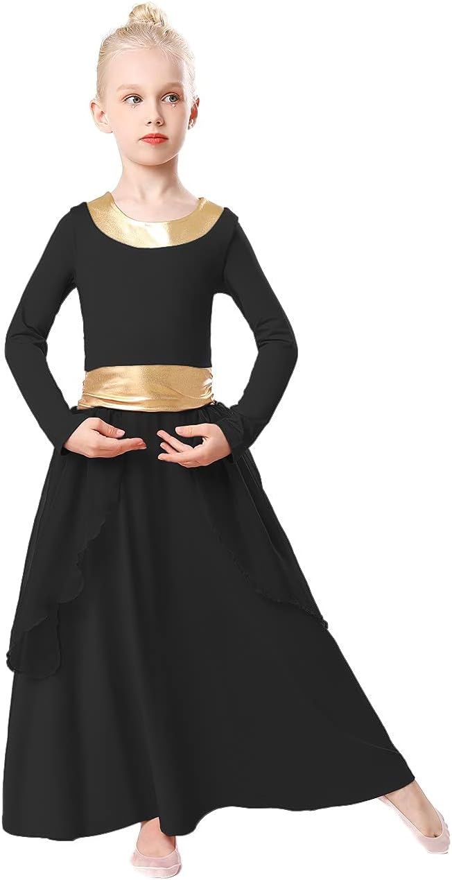 REXREII Kids Girls Praise Dance Robe Metallic Waistband Long Sleeve Liturgical Worship Dress Chiffon Skirt Lyrical Frock.