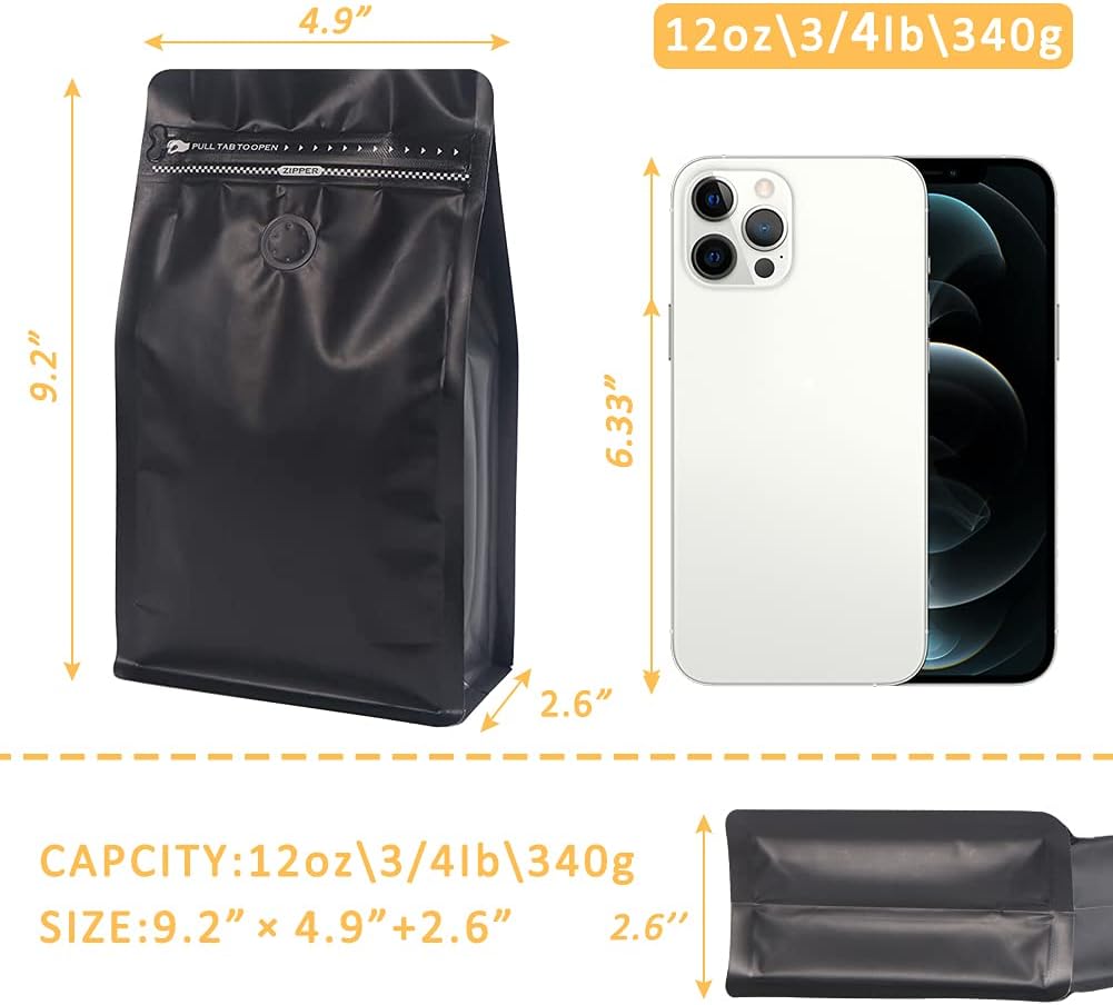 REMTAP Coffee Bags with Valve(50pcs,12 oz,3/4 lb) balck High Barrier Aluminumed Foil Flat Bottom Standing Coffee Beans Storage Bags,Reusable Heat Sealable Side Zipper Pouches for Home or Store
