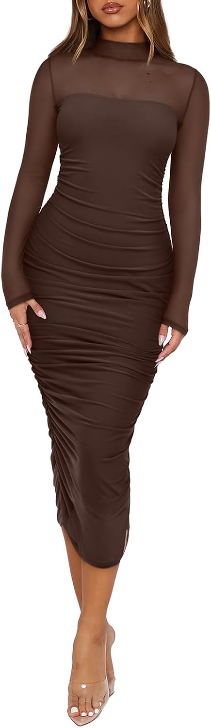 Square neck mesh dress - REORIA Women's Fall Mesh Sheer Long Sleeve Midi Ruched Bodycon Dress Mock Neck Elegant Evening Party Cocktail Dresses