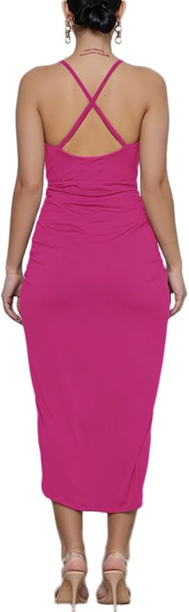 LYANER Women's V Neck Ruched Wrap Slit Hem Sleeveless Spaghetti Strap Midi Bodycon Dress