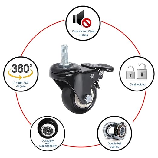 360 Degree Swivel Caster with M8M10 x 25mm Threaded Stem PU Office Chair Caster Wheels No Noise Wheels for Chair and Furniture (Color : 2 Pcs with Brake, Size : 1.5 inch)