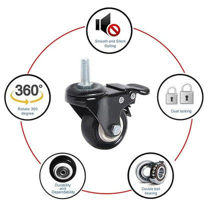 360 Degree Swivel Caster with M8M10 x 25mm Threaded Stem PU Office Chair Caster Wheels No Noise Wheels for Chair and Furniture (Color : 2 Pcs with Brake, Size : 1.5 inch)
