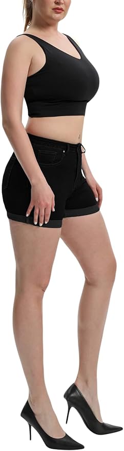 Romastory Women's High Waisted Summer Elastic Jean Shorts Folded Hem Hot Denim Shorts for Women