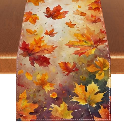 Maple Leaves Fall Table Runner,Autumn Thanksgiving Harvest Festival Farmhouse Decorations and Supplies for Home Kitchen Dining Room Table-13×72''