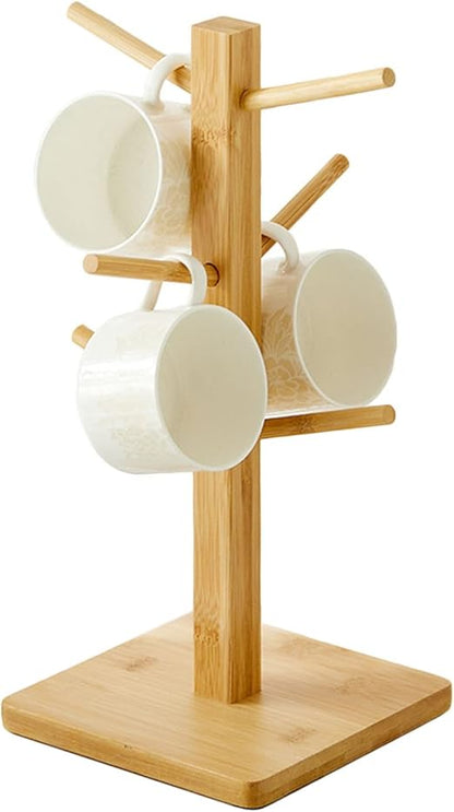 LIU- Bamboo Mug Holder Tree with 6 Hooks,Square Base,Countertop Coffee Mug Stand Teacup Organizer,for Kitchen Counter Bar Accessories