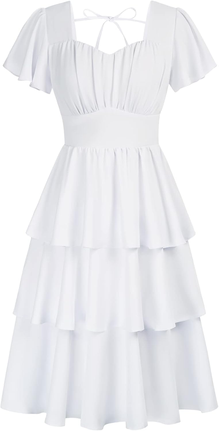 This soft, breathable dress features a flattering square neckline, smocked waist, and tiered ruffles for a feminine, vintage-inspired look