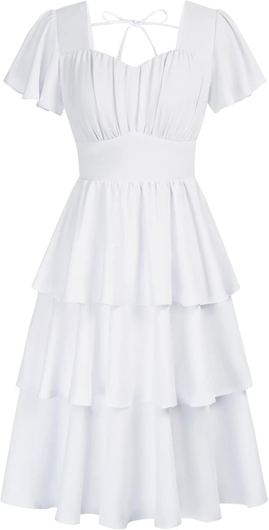 This soft, breathable dress features a flattering square neckline, smocked waist, and tiered ruffles for a feminine, vintage-inspired look