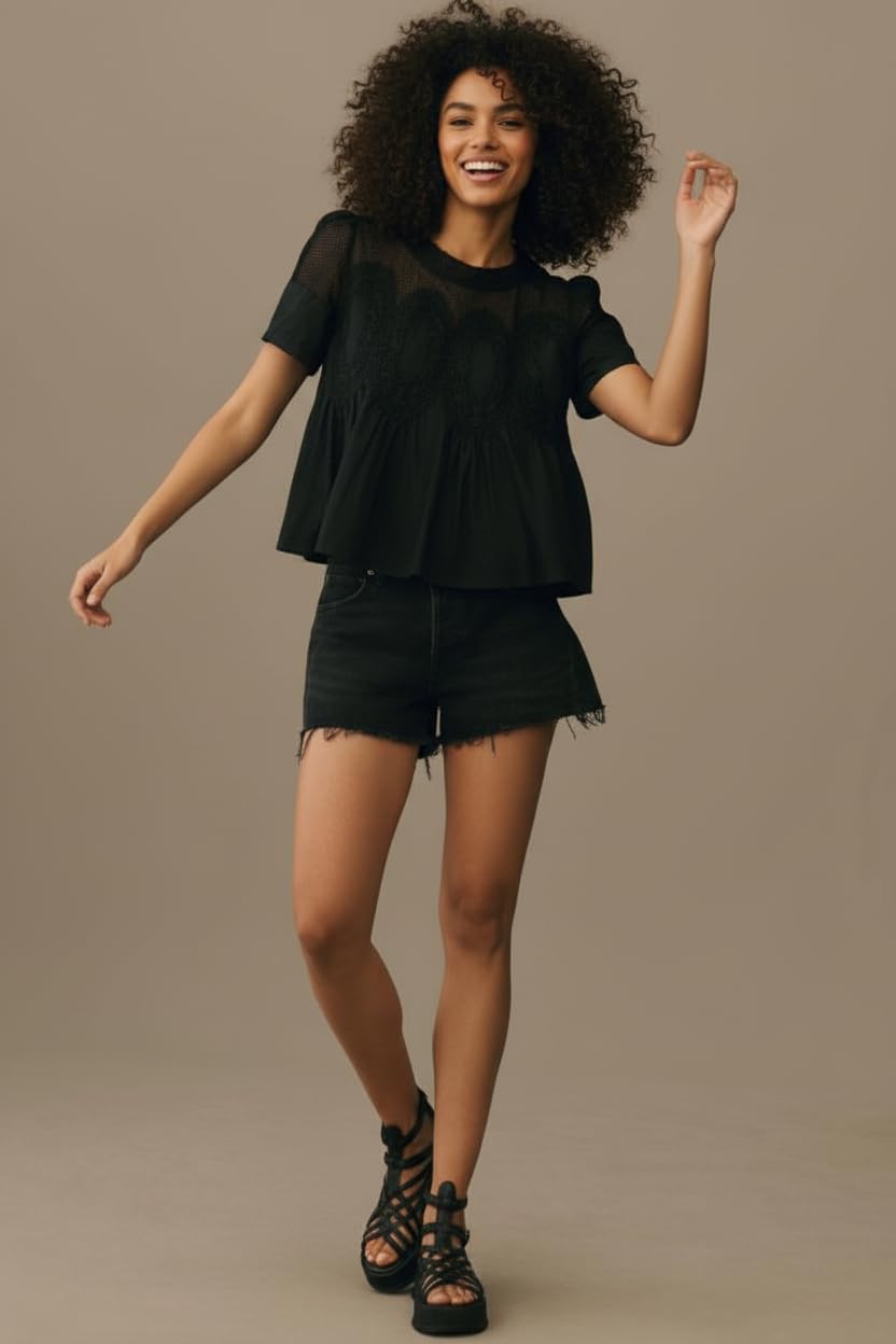 VAOYIU Women Lace-Detail Flared Blouse Short-Sleeve Crew Neck Lace Poplin Mesh Swing Top Elegant Loose Intricate Back Design
