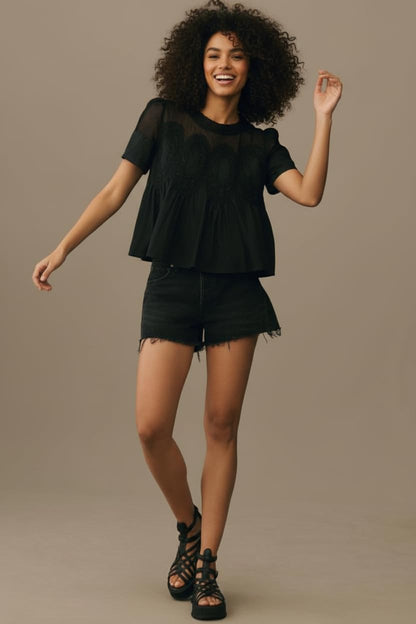 VAOYIU Women Lace-Detail Flared Blouse Short-Sleeve Crew Neck Lace Poplin Mesh Swing Top Elegant Loose Intricate Back Design