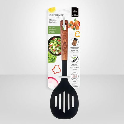 Soft Touch Nylon Skimmer with Wood Grain Handle and Hanging Hole, Heat Resistance, Non Stick Flexible Skimmer, for Blanching, Deep frying and Skimming Foods