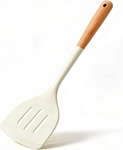 Silicone Slotted Spatula Turner Nonstick Kitchen Turner with Wooden Handle Flexible Fish Spatula for Eggs Pancakes Fish Frying Flipping and Daily Cooking