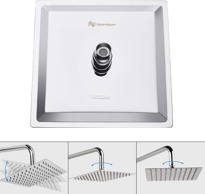 NearMoon Rain Shower Head, High Flow Stainless Steel Square Rainfall Shower, High Pressure Design, Awesome Shower Experience Even At Low Water Flow (8 Inch, Chrome Finish)