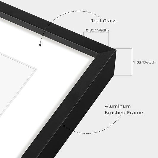 Frametory, 6x8 Aluminum Frames with Mats for 4x6 PicturesPhotos - Real Glass- PortraitLandscape - Horizontal and Vertical Formats for Wall and Table Mounting (Black, 2 Pack)
