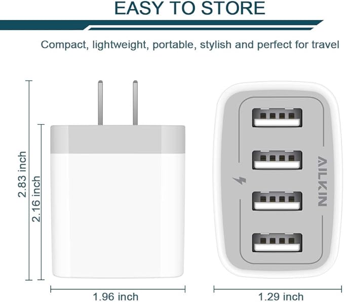 USB Charger Cube, Wall Charger Plug, AILKIN 4.8A 4-Muti Port USB Adapter Power Plug Charging Station Box Base Replacement for iPhone 15 14 13 12 11 Pro MaxX8, iPad, Samsung Phones USB Charging Block