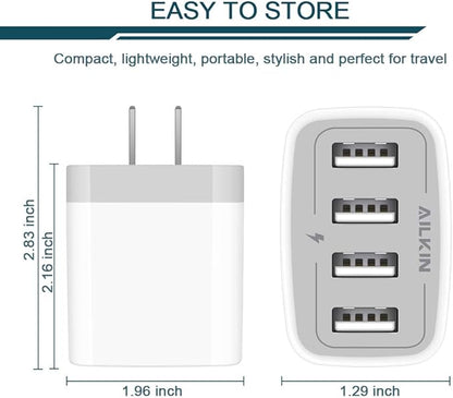 USB Charger Cube, Wall Charger Plug, AILKIN 4.8A 4-Muti Port USB Adapter Power Plug Charging Station Box Base Replacement for iPhone 15 14 13 12 11 Pro MaxX8, iPad, Samsung Phones USB Charging Block