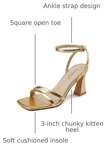 AIUNIIND Chunky Heels for Women, Square Open Toe Strappy Sandals, 3.15 Inch | High Thick Heel Shoes, Adjustable Ankle Strap, Comfortable, for Dress, Wedding, Evening Party, Prom